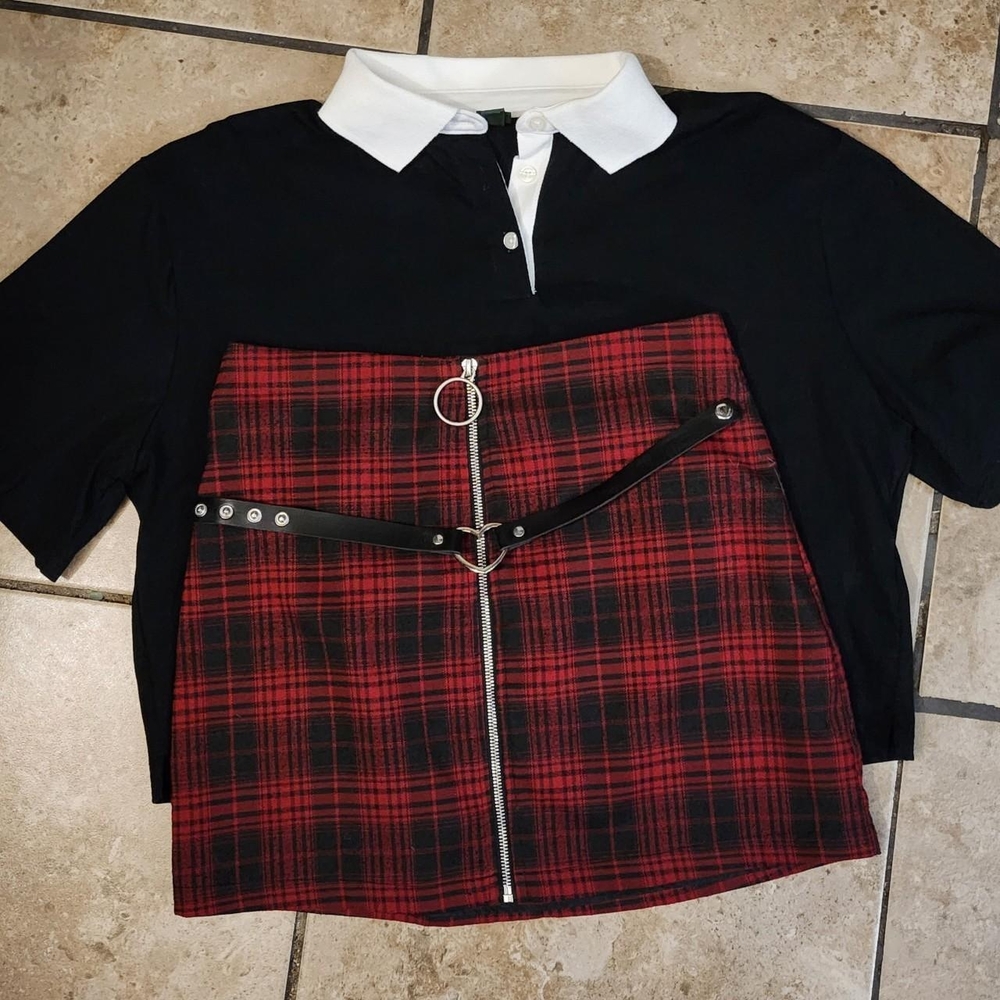 Black Collar Crop top and Red Plaid Zip-Up Skirt